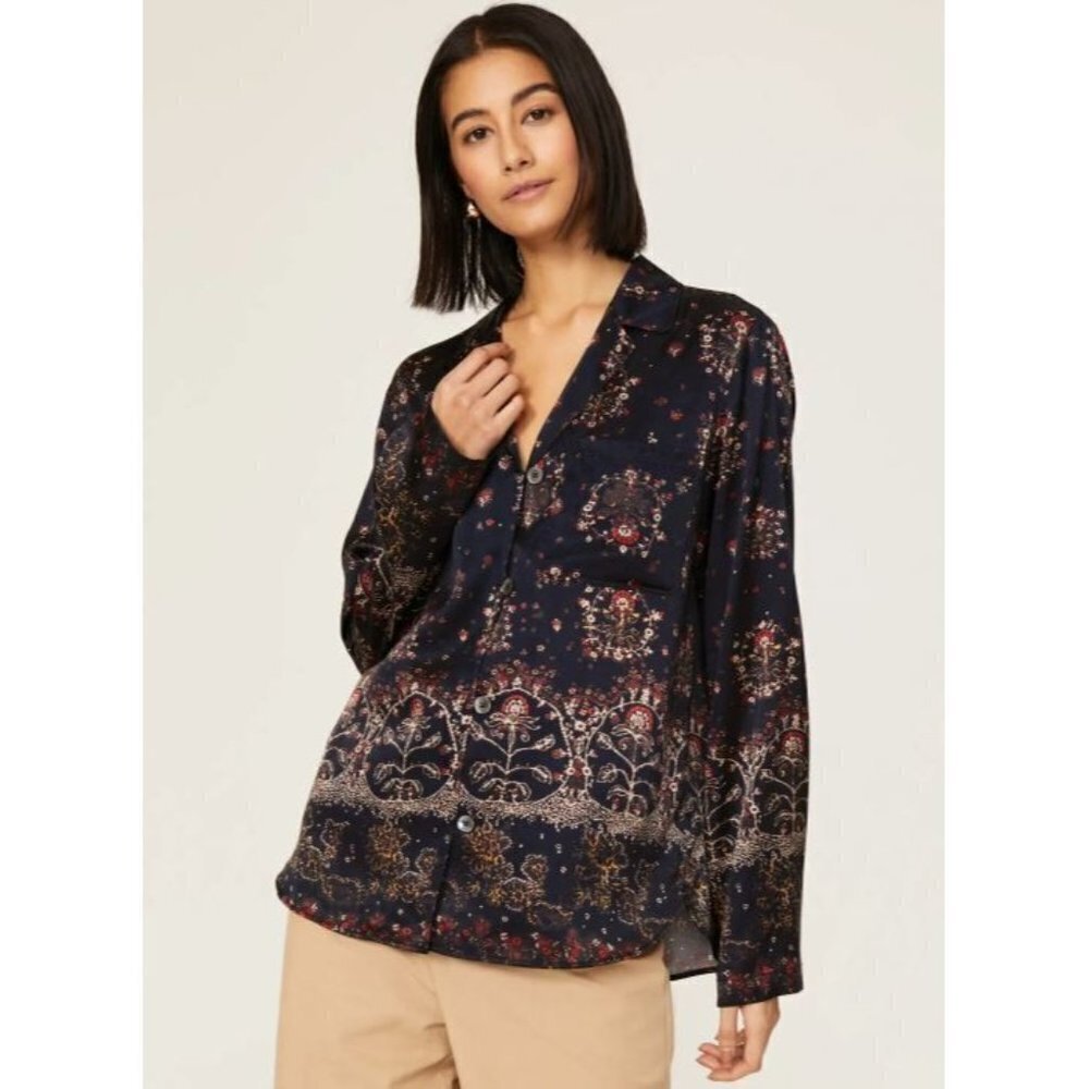 Rebecca Taylor Black Fleur Silk Button Down Shirt Size XS Floral Print